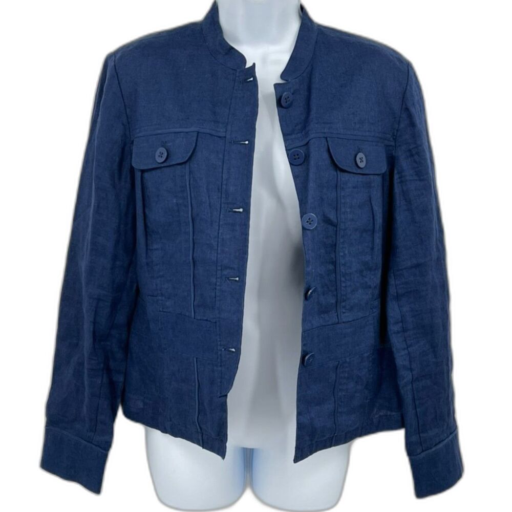 Coldwater Creek Casual Jacket Womens 10 Blue 100% Linen Button Up Breathable